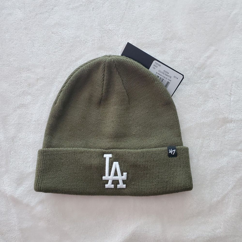 47 Brand Los Angeles Dodgers Knit Beanie Olive White Embroidered Logo NEW